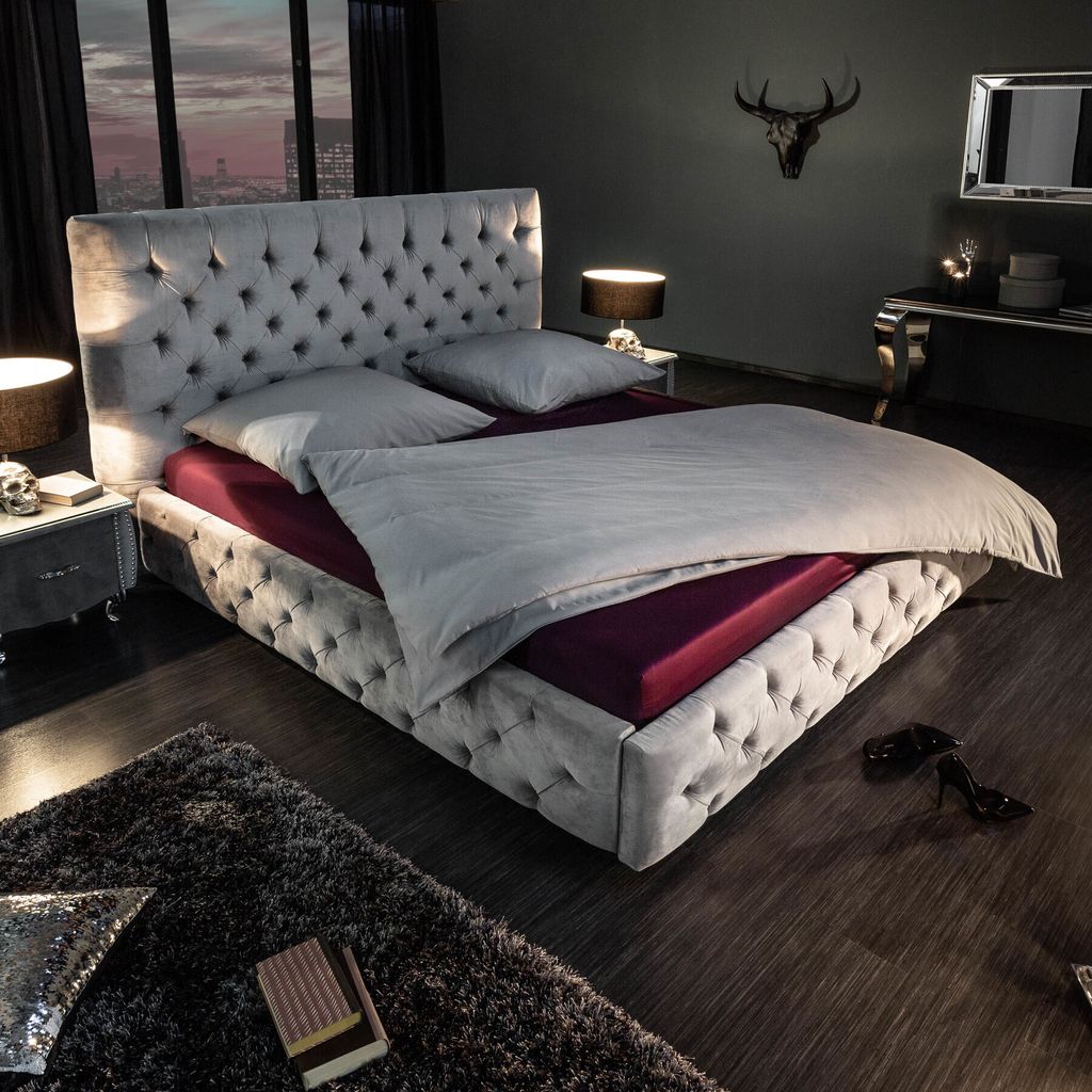Elegantes Doppelbett PARIS 180x200cm grau Samt Chesterfield Design Bett mit Rückenlehne Ehebett