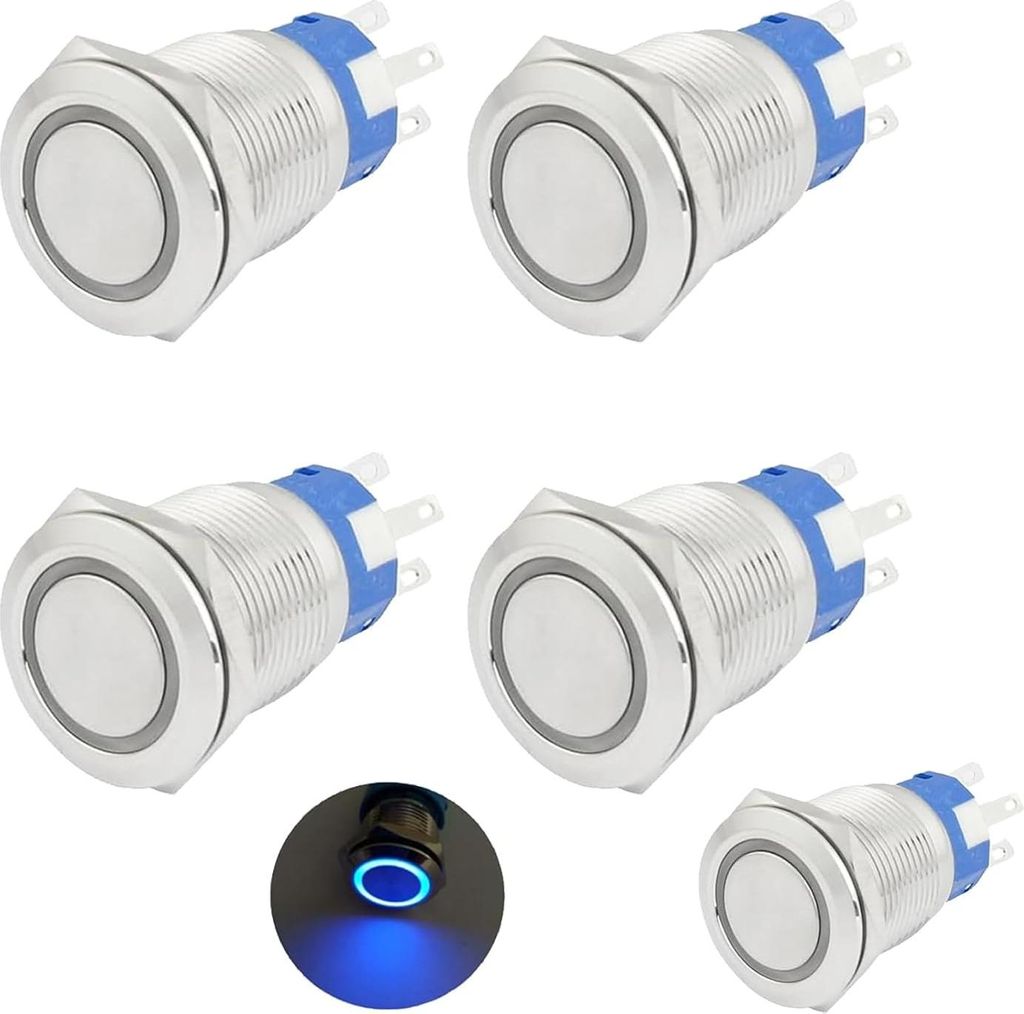 5 Stück Verriegelnder Wasserdichter Edelstahl Metall Druckknopfschalter, 16mm, 12V-24V, 3A, wasserdicht, chrommessing mit blauer LED-Ringbeleuchtung