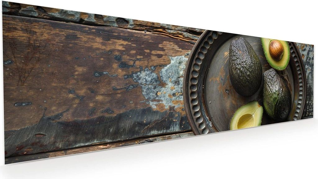 Glasbild 120x40cm in XXL für Wohnzimmer, Schlafzimmer Motiv Avocados Holzteller