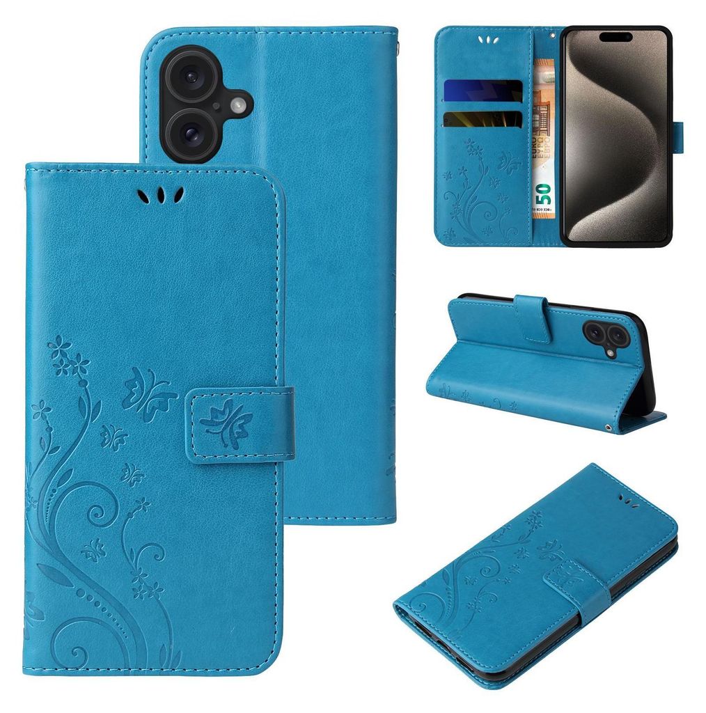 Handyhülle für Apple iPhone 16 Floral Blumen Schmetterling Flip Cover Hülle Case Klapphülle Handytasche Farbe: Blau