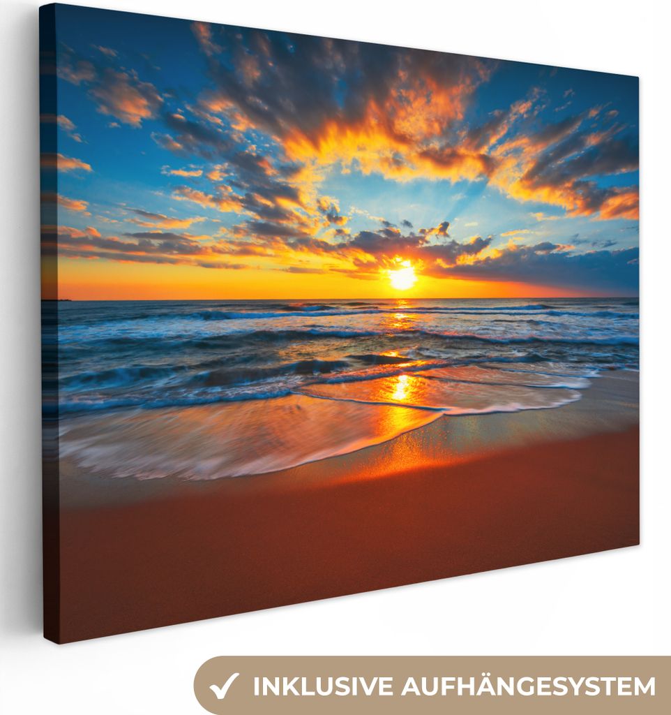 MuchoWow - Leinwandbilder - Meer - Sonnenuntergang - Strand - Wolken - Orange, Wandbild, Wanddeko Bilder Wohnzimmer, 80x60 cm