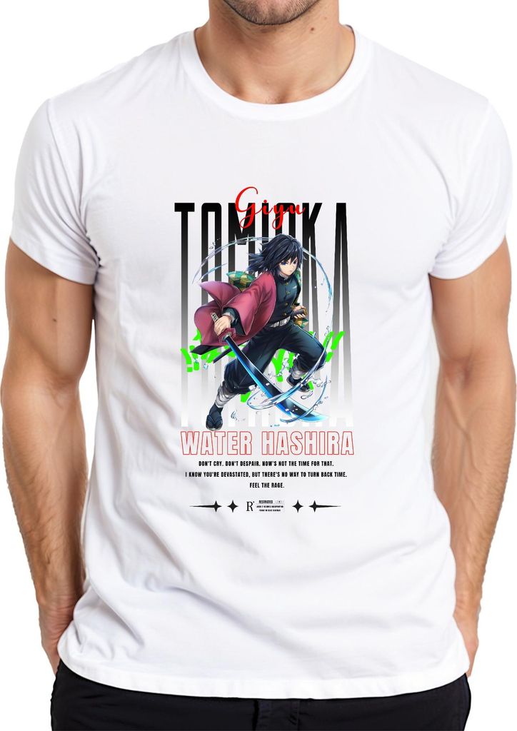 Giyu Tomioka Demon Slayer Water Hashira Katana Anime Cosplay Herren T-Shirt, Weiß, L