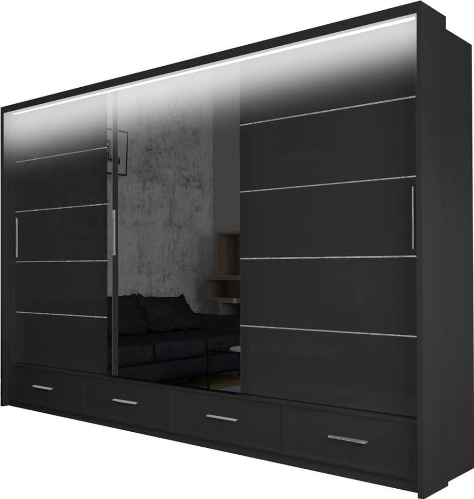 Original-Garderobe - Kleiderschrank mit schubladen Cylia LED 253 - Schwarz + Spiegel - Spiegelschrank mit Schiebetüren, geräumiger Kleiderschrank...
