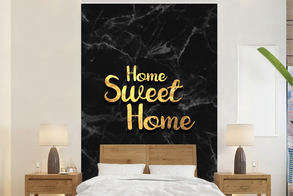 MuchoWow Fototapete für Wohnzimmer oder Schlafzimmer Wandtapete Vinyl Motivtapete Zitat - Zuhause - Marmor - Gold - 200x300 cm - Wanddekorationen