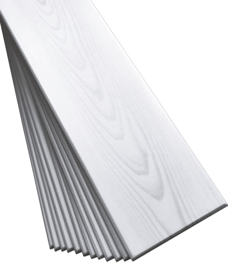 A stack of white wood-look panels with a gray wood grain pattern, angled on a white background.