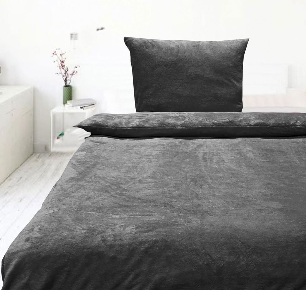 Teddy Bettwäsche 135x200 cm 2 tlg. mit Reißverschluss Winterbettwäsche in Anthrtrazit Grau