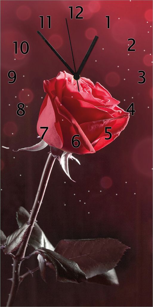 Wallario Design Wanduhr Rote Rose Single aus Echtglas, Größe 30 x 60 cm