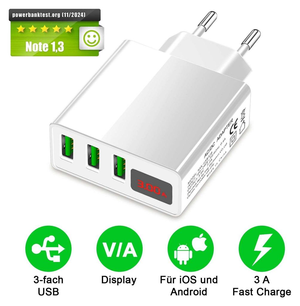 A white multi-port USB charger with green USB ports and a small red digital display.
