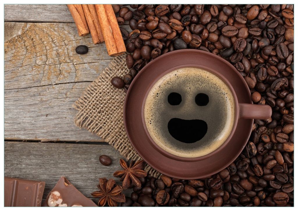 Wallario Premium Glasbild, freischwebende Optik, kräftige Farben, Größe 100 x 70 cm Motiv Lustige Kaffeetasse mit einem Lächeln - Kaffeebohnen ...