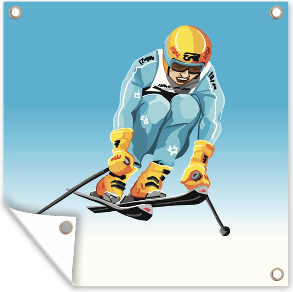 MuchoWow 100x100 cm Outdoor-Poster Gartendeko Sichtschutz Garten Poster für den Garten Ein Skifahrer macht einen großen Sprung in einer Illust...
