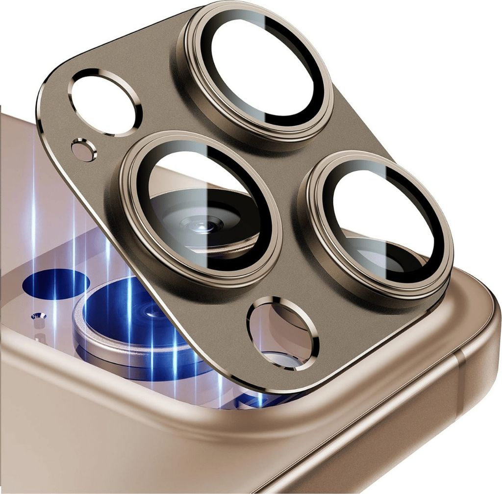 A close-up, angled view of a camera lens protector for an iPhone.