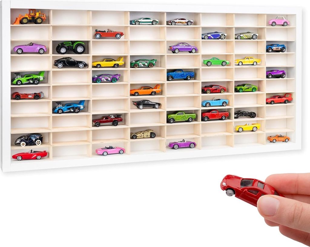 Creative Deco Weiß Setzkasten Holz Sammlervitrine für Autos - 80 verstellbare Fächer | Horizontales Wandregal 80 x 41 x 5,5 cm