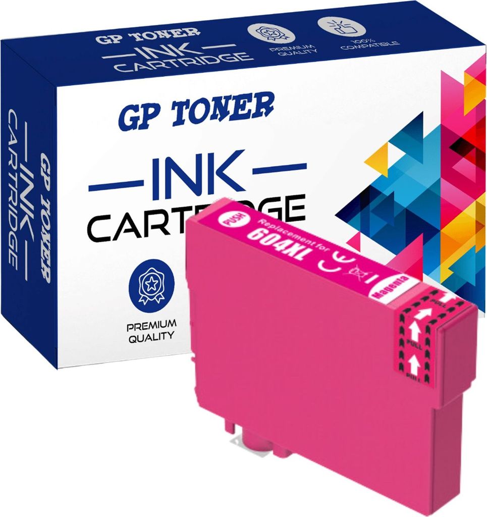 A magenta ink cartridge and its packaging are shown.