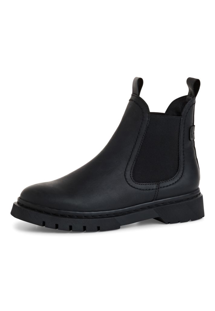 A single black Chelsea boot is shown against a white background.