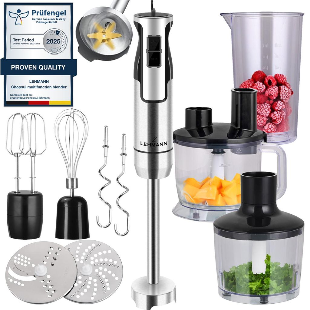 A collage showcasing a silver and black hand blender with various attachments, including whisks, chopping blades, and mixing containers filled with ingredients like raspberries, pumpkin, and greens. A 'Proven Quality' badge and a 'Prüfengel' certification 