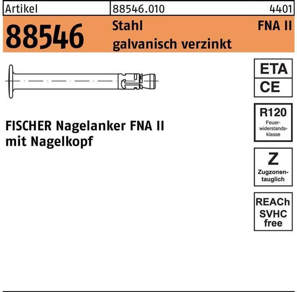 Fischer 44117, Mauerziegel, Beton, Verzinkter Stahl, 1,3 cm, 87,5 mm, 6 mm, 9 cm