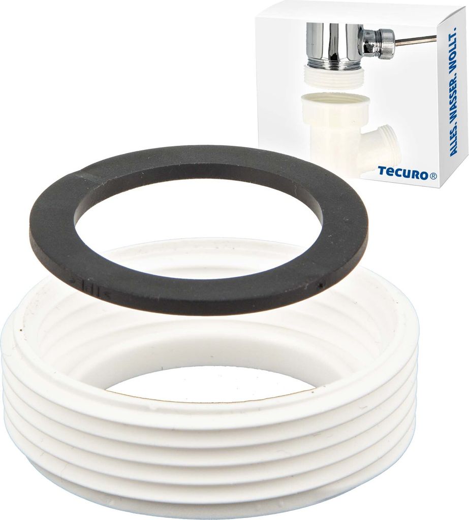 A product shot of a plumbing fitting and a gasket, with packaging in the background.
