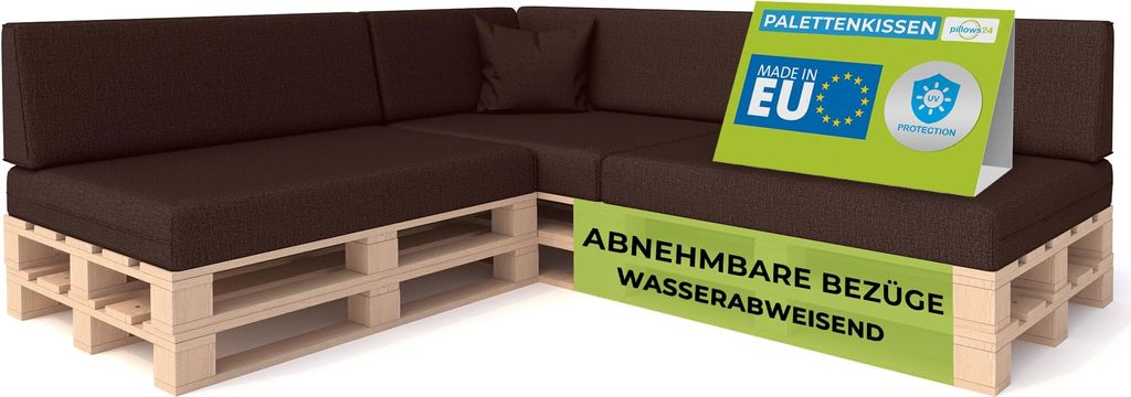 Pillows24 - Palettenkissen mit abnehmbarem Bezug - 8ER SET | Polster für Europaletten 120x80 Sofa - Wasserfest - Outdoor/Indoor | Braun