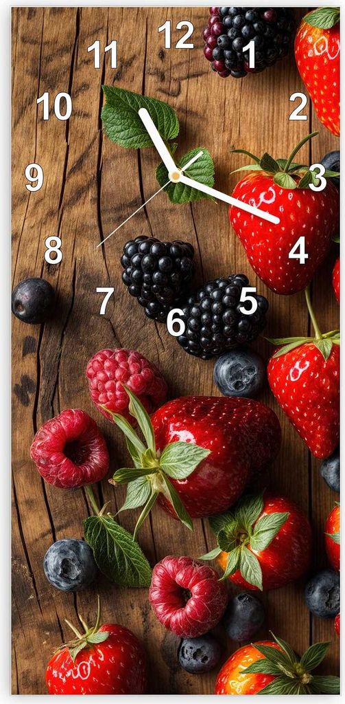 Wanduhr aus Glas mit Motiv Frische Beeren Exquisit- 30 x 60 cm - inkl. Aufhängesystem