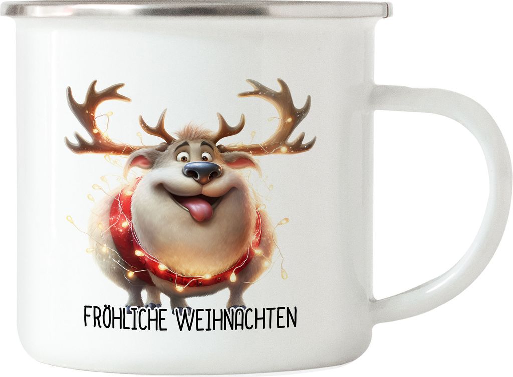 Fröhliche Weihnachten Lustiges Rentier Julklapp Geschenk Emaille Tasse Lichterkette Adventsgeschenk