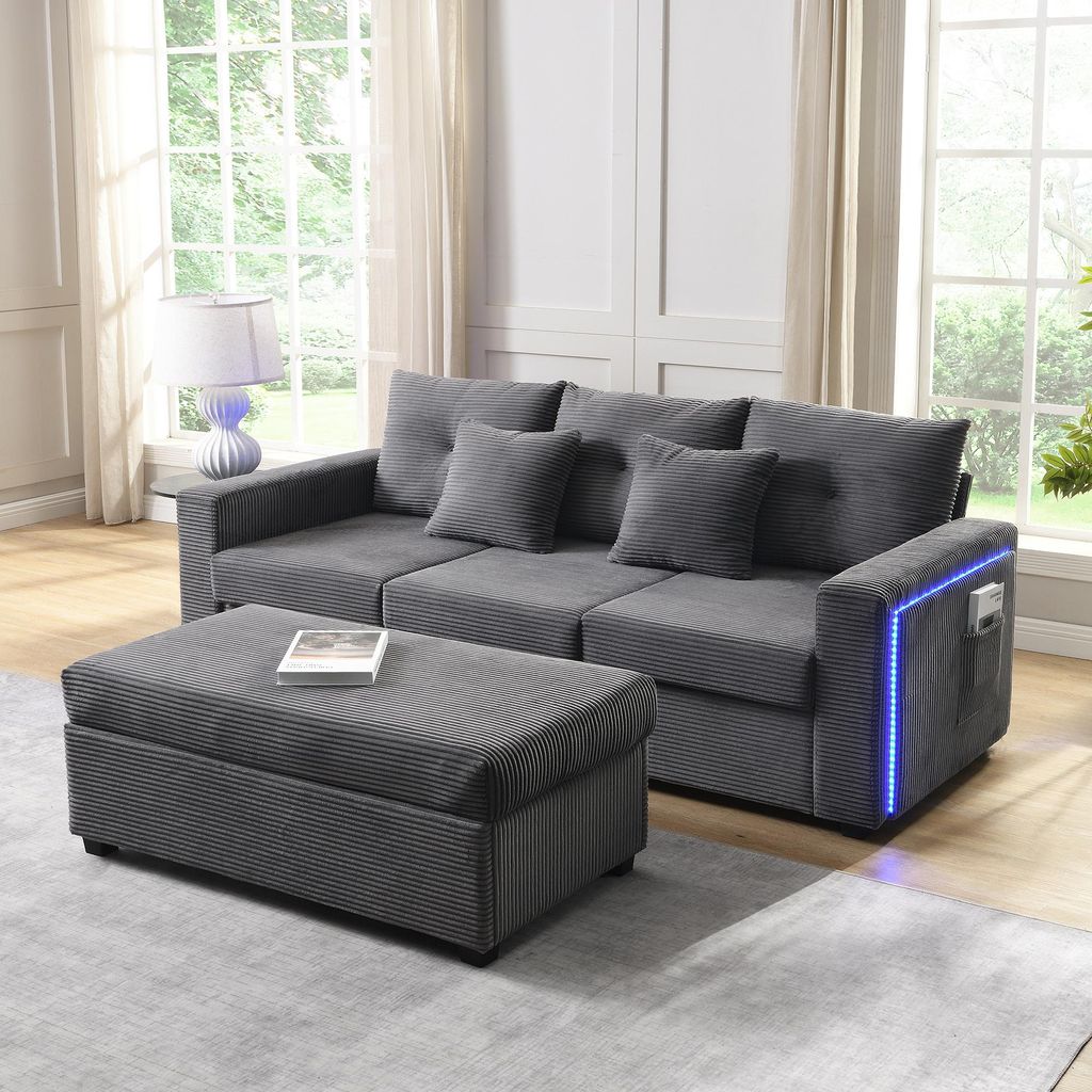 Sweiko Moderne LED-Sofakombination mit wolkenartigem Sitzgefühl: 3-Sitzer-Sofa + übergroßer abnehmbarer Ottoman,Hochbelastbares modulares Wohnzi...