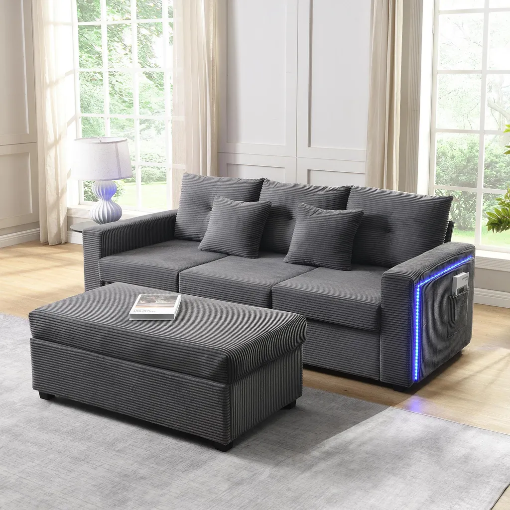 Sweiko Canapé LED Moderne 3 Places avec Ottoman XL Amovible en L