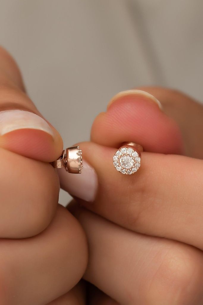 925 Silber Zirkonia Ohrstecker Rund Rosegold Vergoldet Damen