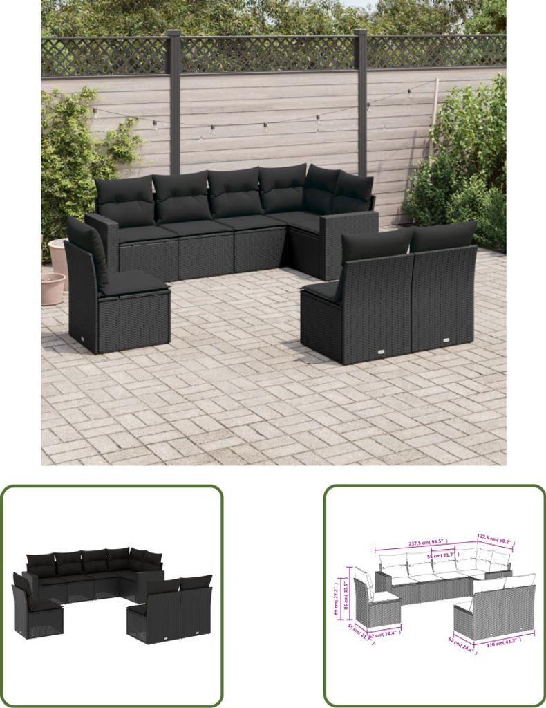 The Living Store 8-tlg. Garten-Sofagarnitur mit Kissen Schwarz Poly Rattan