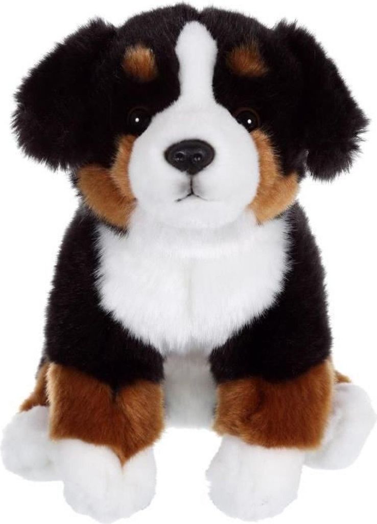 A plush toy dog sitting on a white background.