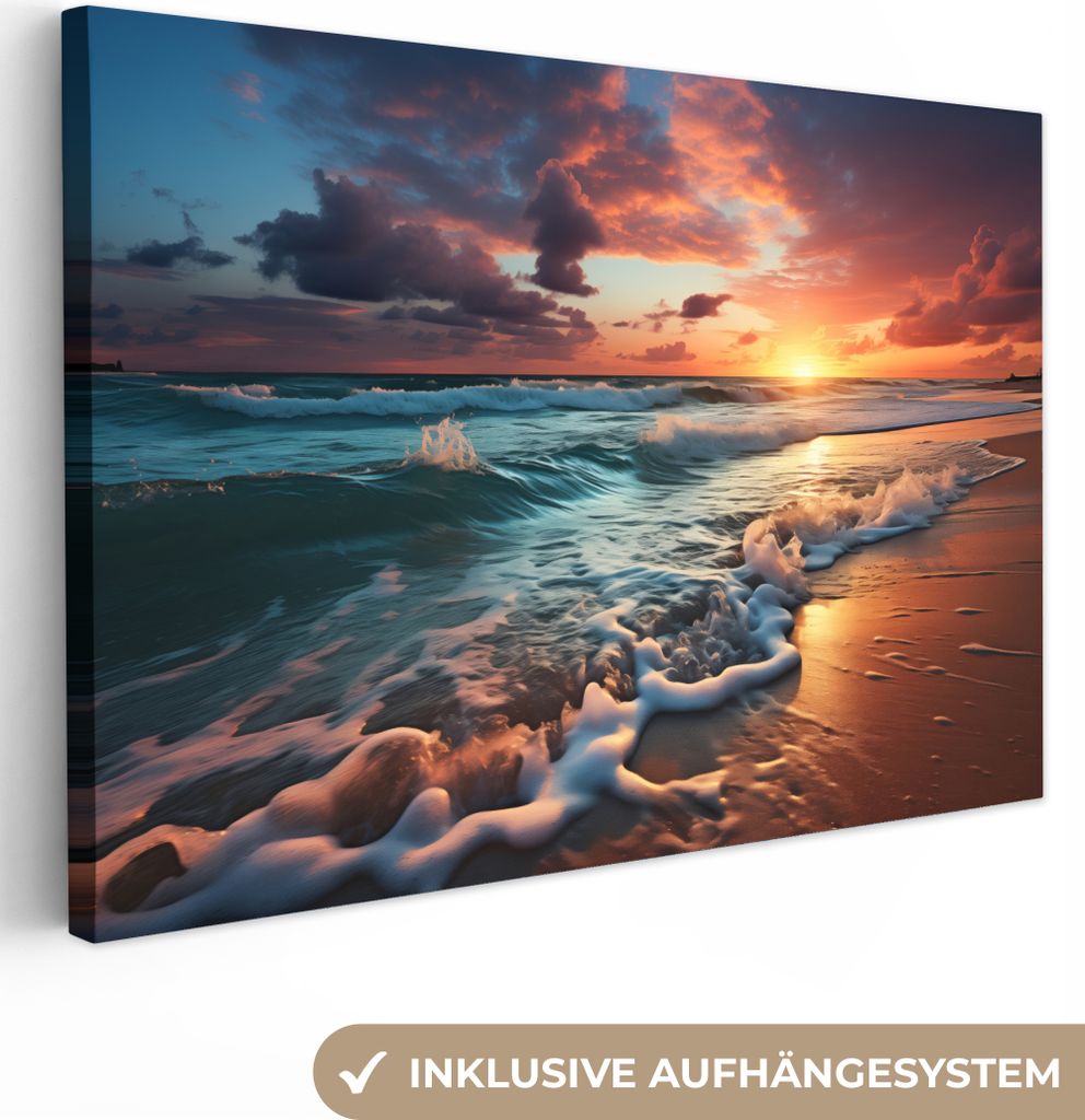 MuchoWow - Leinwandbilder - Sonnenuntergang - Strand - Meer - Golfen, Wandbild, Wanddeko Bilder Wohnzimmer, 120x80 cm