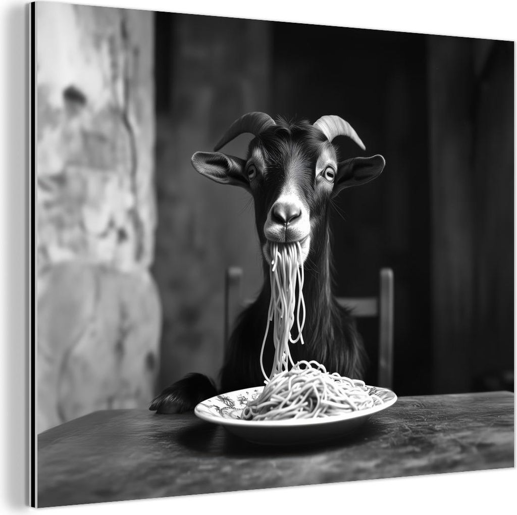 MuchoWow Wanddekoration Metall Metallbild Wandkunst 40x30 cm Ziege - Teller - Spaghetti - Schwarz und weiß MuchoWow Aluminium Gemälde - Dekoratio...