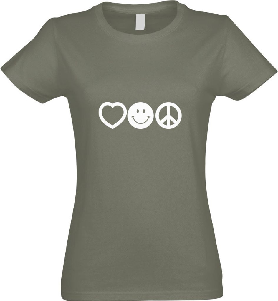 Kiwistar - T-Shirt tailliert - Damen - Olive - Love Happy Peace - Liebe Glück - mit Motiv Bedruckt - Funshirt Design - Sport - Freizeit - Damen - L