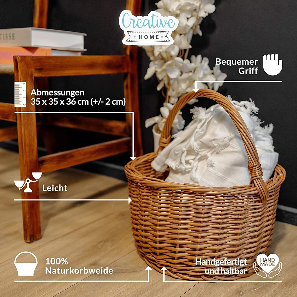 Creative Home Weidenkorb mit Henkel | 35 x 35 x 36 cm (+/- Produktbild 4