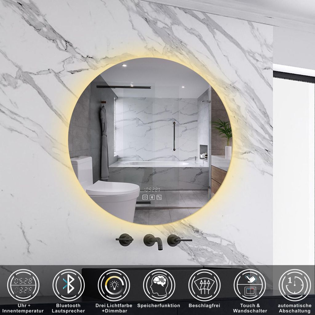 LED Badspiegel 70cm Rund Badspiegel mit Bluetooth Uhr Anti-Beschlag 3 Lichfarbe Dimmbar Badezimmerspiegel Lichtspiegel IP44
