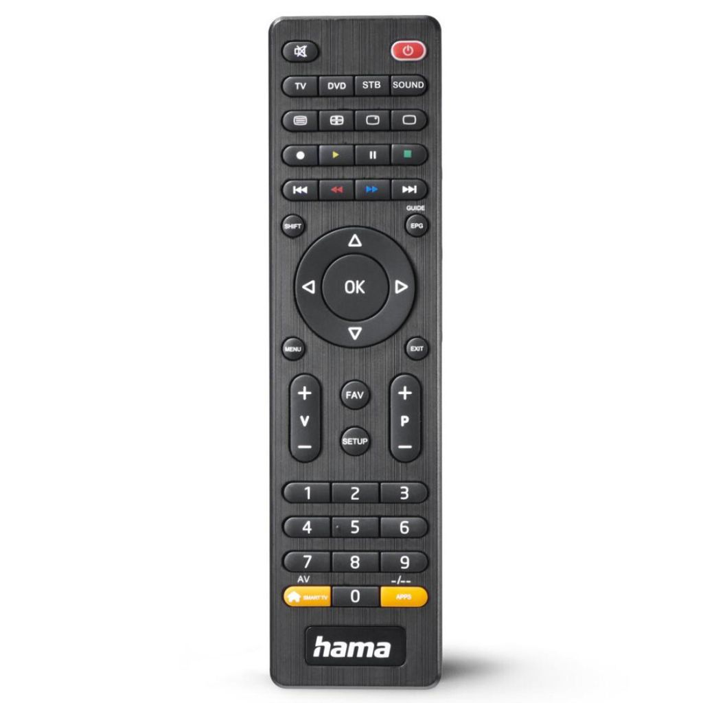 HAMA Universal de Infrarot-TV-Fernbedienung (für 4 Geräte, mit de Anwendungstaste, vorprogrammiert) Farbe Schwarz
