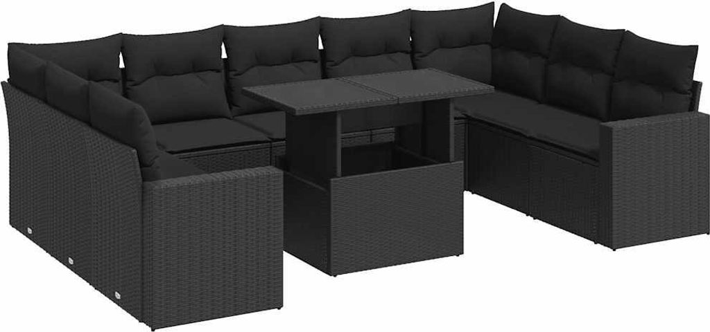 vidaXL 10-tlg. Garten-Sofagarnitur mit Kissen Schwarz Poly Rattan