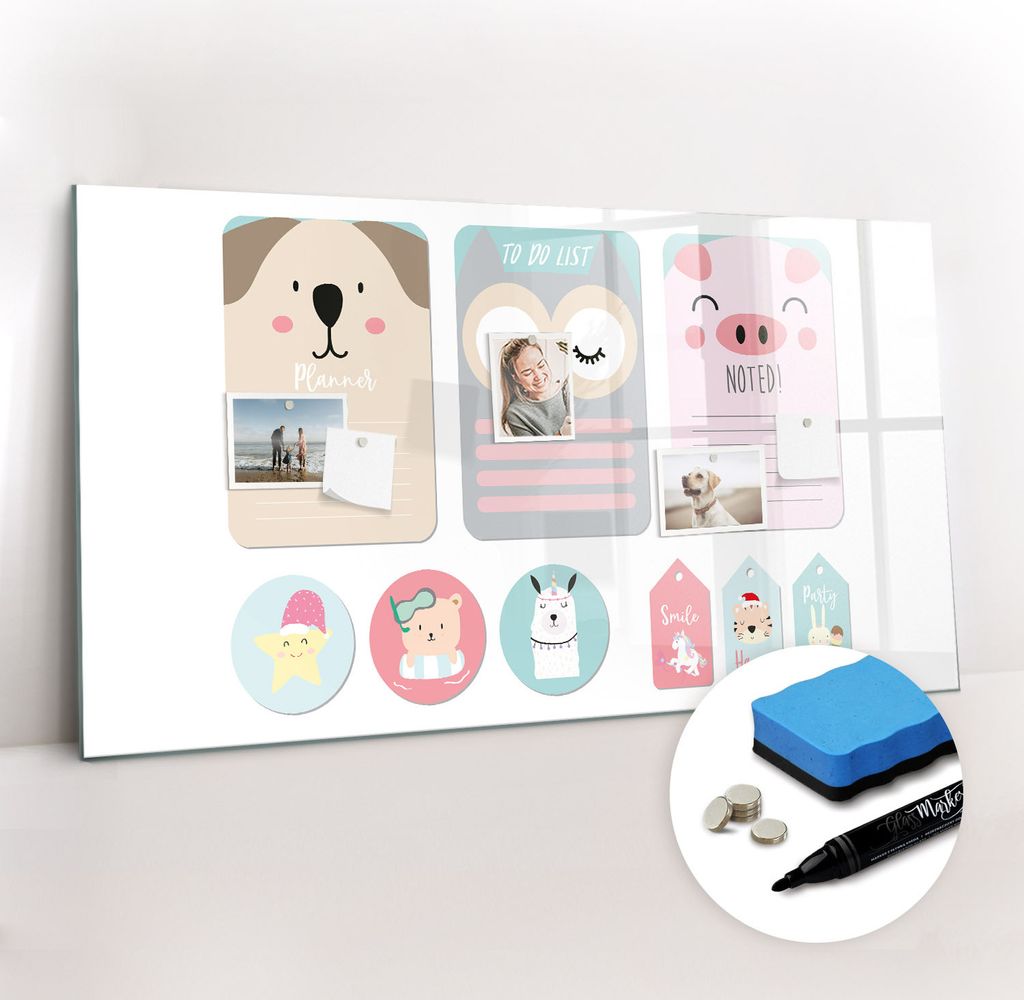 Magnetpinnwand Memoboard - Zubehörsatz - Schwarzer Marker + Schwamm + Magnete - 120 x 60 cm - Glückliche Tiere