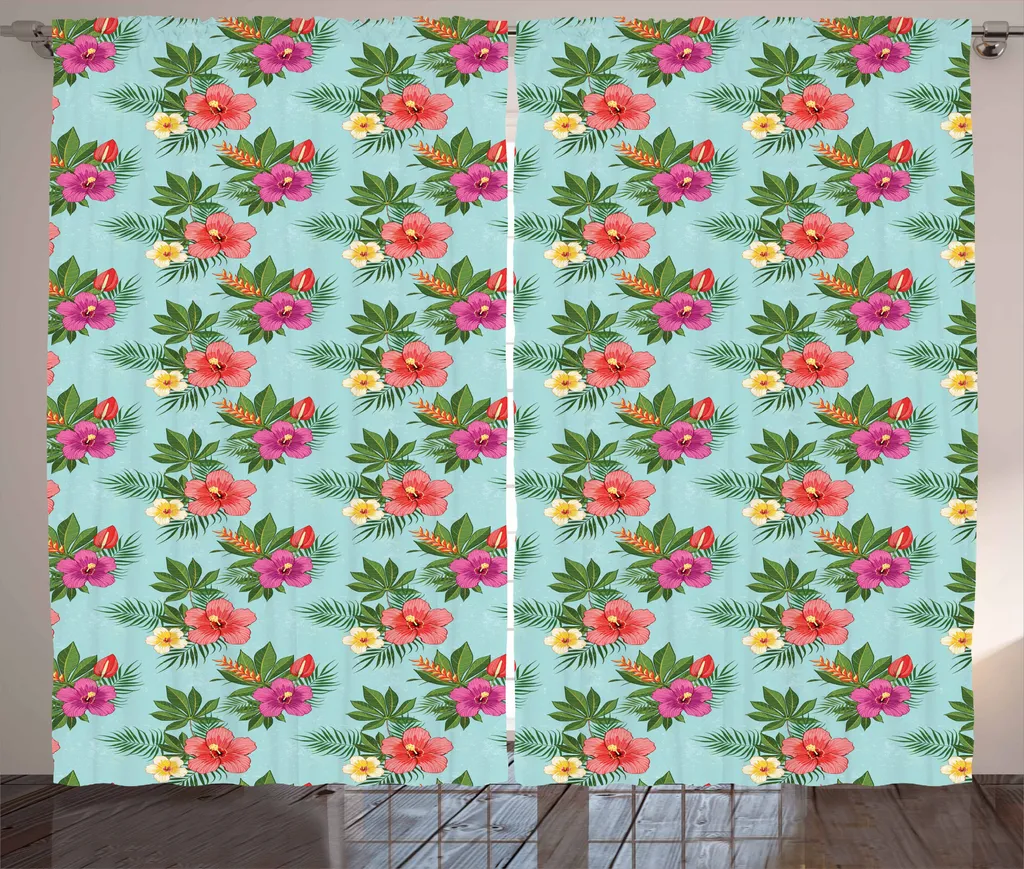 ABAKUHAUS Hawaii Tenda rustica, Blooming Der Hibiscus, Tenda con passanti e ganci per camera da letto, 280 x 175 cm, multicolore