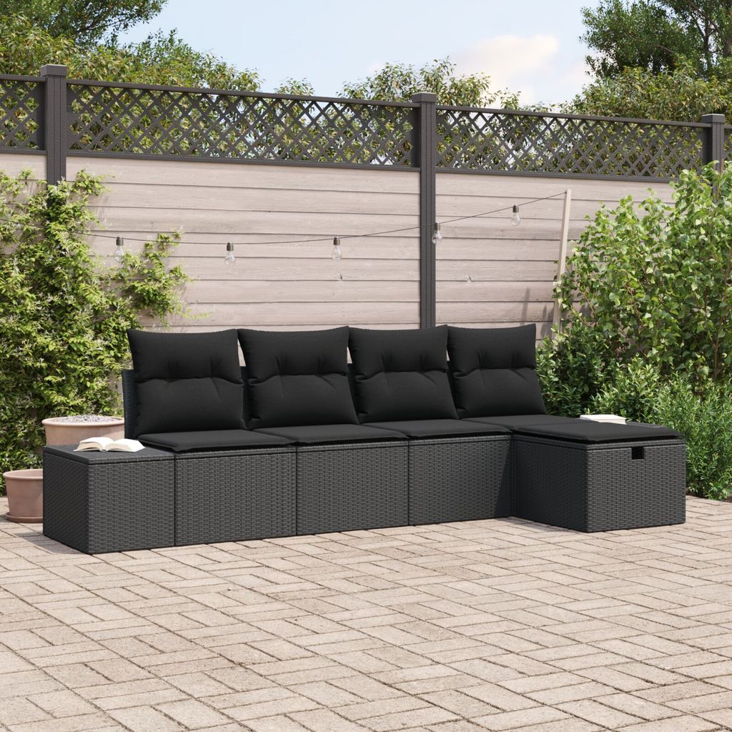 ZMH 5-teilige Garten Sofagarnitur mit Kissen Schwarz Poly Rattan