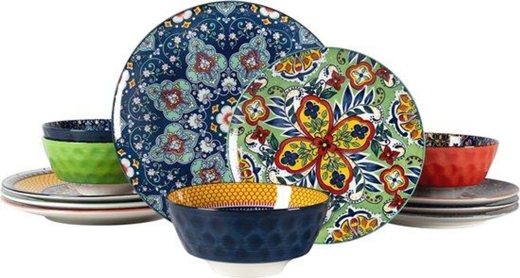Farbenfrohes 12-teiliges Servietten-Set für 4 Personen - Porzellan Bohemian Tafelservice