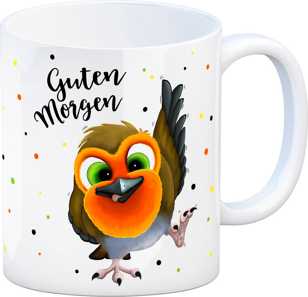Kaffeebecher mit Rotkehlchen Motiv und Spruch: Guten Morgen Kaffeetasse Tasse
