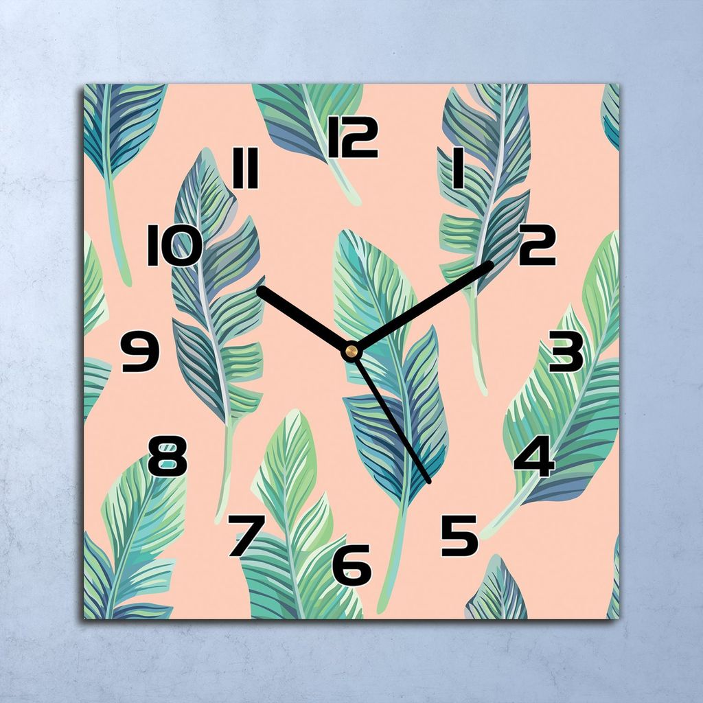 Wanduhr Echt-Glas-Küchenuhr Grüne Tropenblätter Quarz 30x30 Deko Bilder