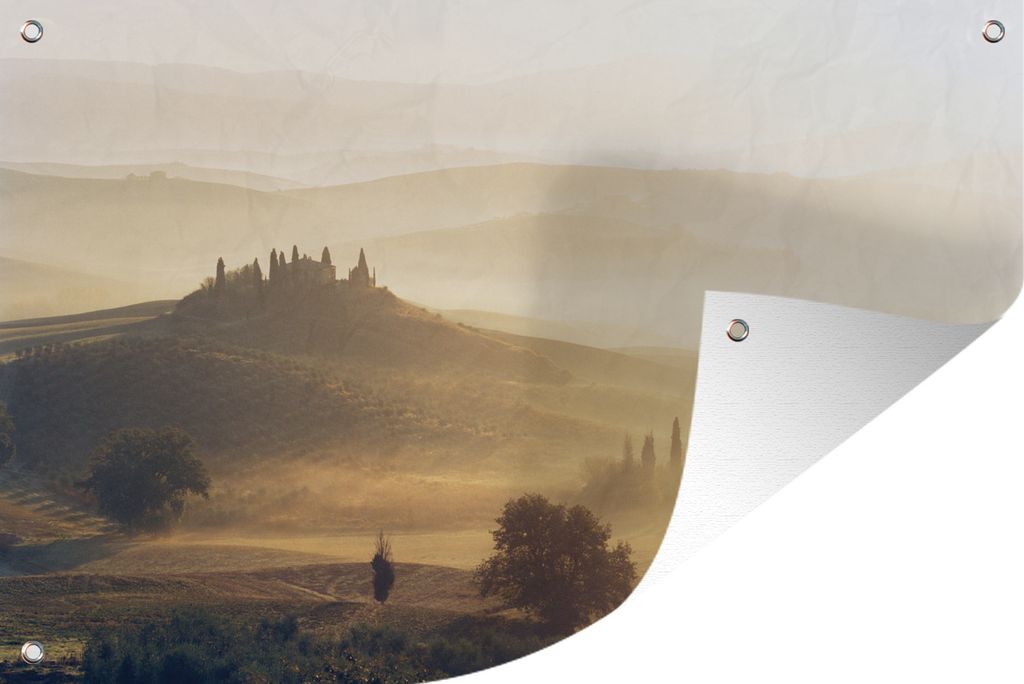 MuchoWow 120x80 cm Outdoor-Poster Gartendeko Sichtschutz Garten Poster für den Garten Toskana - Nebel - Sonne
