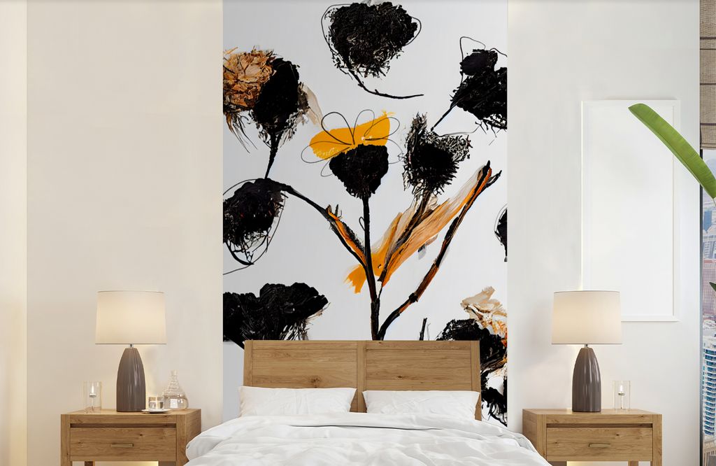 MuchoWow Fototapete für Wohnzimmer oder Schlafzimmer Wandtapete Vinyl Motivtapete Blumen - Schwarz - Pflanzen - Pastell - Gelb - 120x240 cm - Hi...