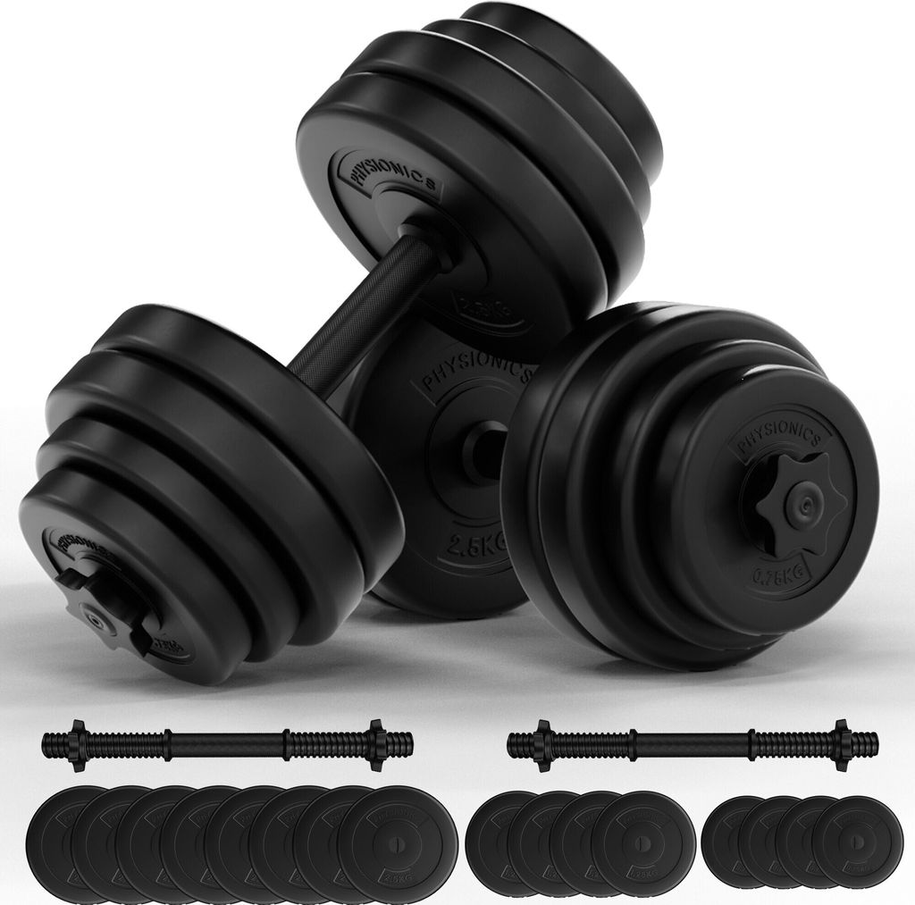 Physionics Kurzhantel Set 30 kg (2 x 15 kg) - inkl. 16 Gewichte aus Kunststoff, 2 Hantelstangen und 4 Sternverschlüssen aus Metall, Griff gerän...