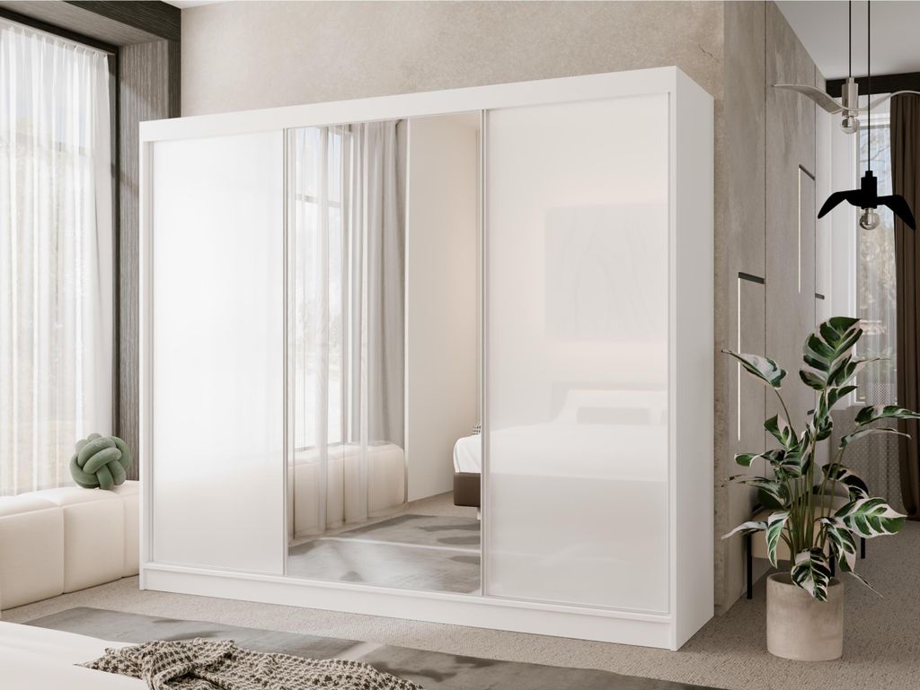 Schwebetürenschrank 250 cm Lake mit Spiegel, Kleiderschrank fürs Schlafzimmer mit Schiebetüren, 3-türiger Schwebetürenschrank, Breite: 250 cm,...