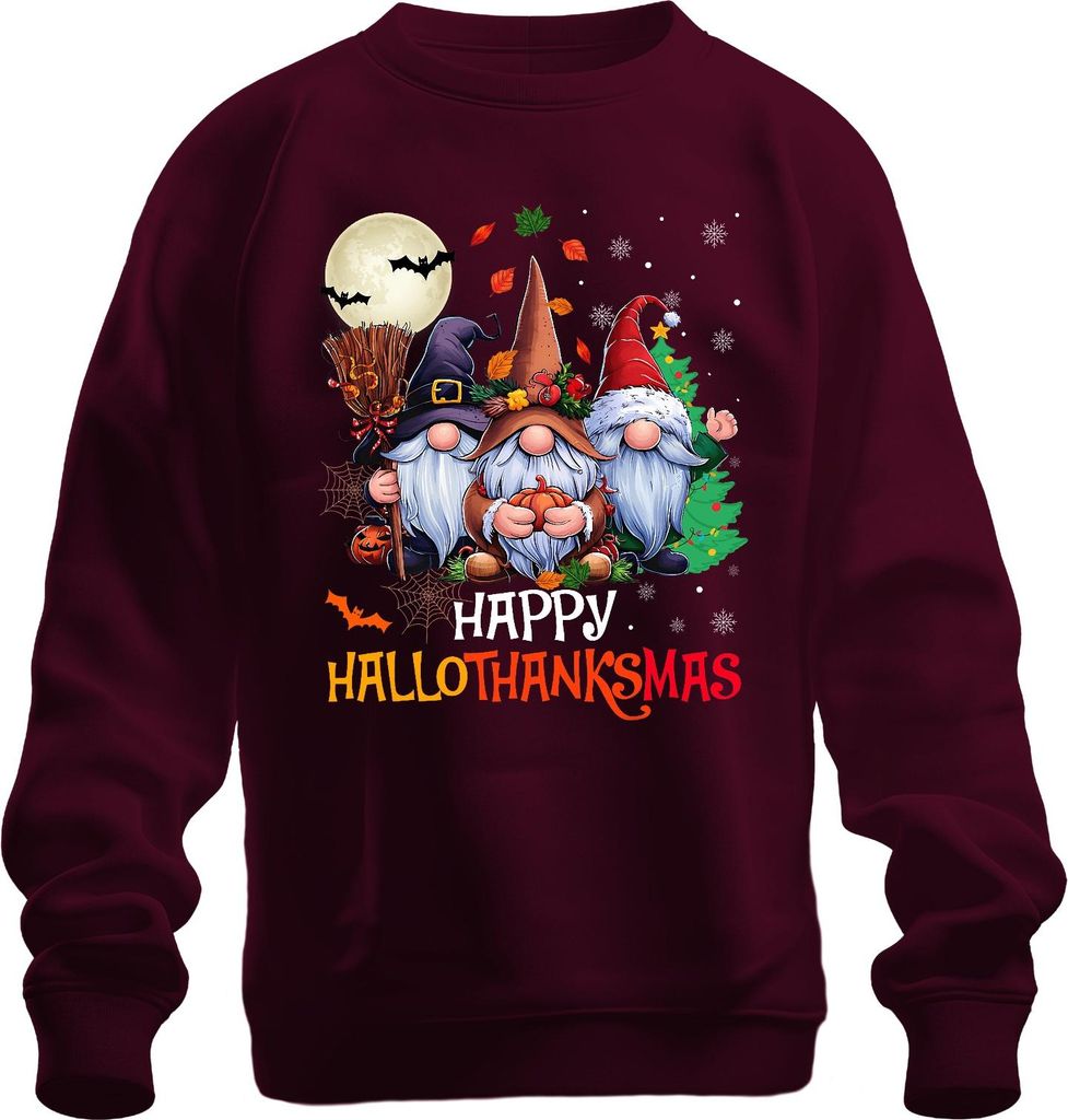 Happy Hallothanksmas Gnom Halloween Erntedank Weihnachten Vintage Uni Sweatshirt Pullover, Burgundy, L