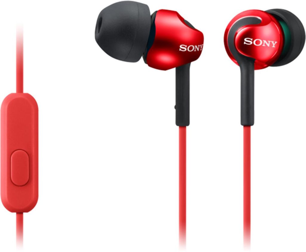 A pair of red and black Sony earphones with a red inline remote control.