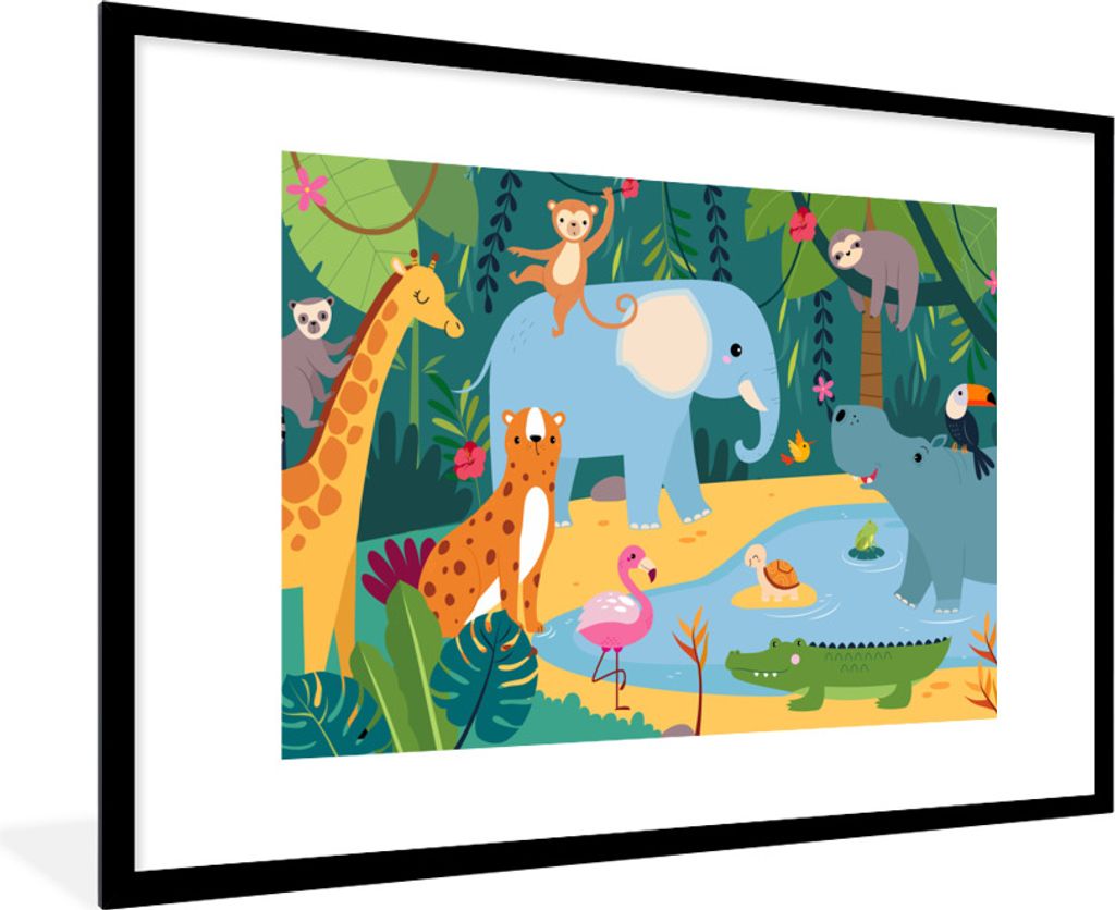 MuchoWow Gerahmtes Poster Dschungel - Design - Tiere - Kind 90x60 cm - Poster mit Schwarzem Bilderrahmen Wandposter Rahmen Foto Bilder - Wanddeko...