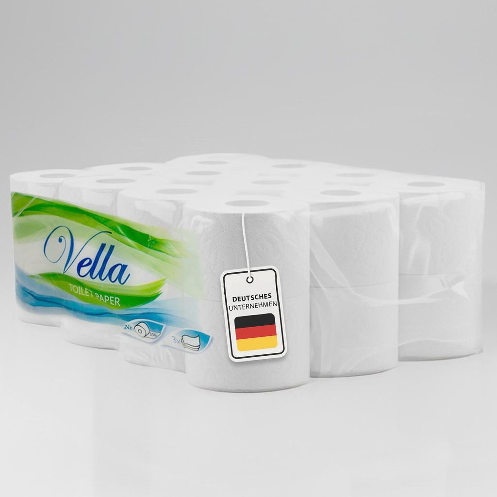 Vella Premium Toilettenpapier 3-lagig, ultraweich, saugstark, hautfreundlich, reißfest & hypoallergen – 24 Rollen, deutsches
